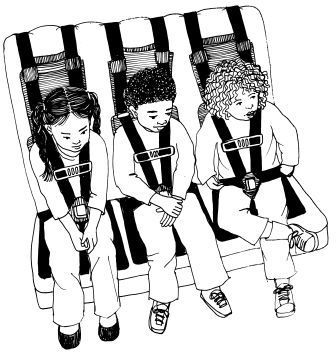 Line drawing of 3 Kids on school bus seat.
