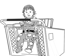 This is a line drawing of a child riding in a grocery cart.