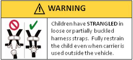 This is the regulatory label for rear-facing CRs to warn of strangulation hazards.