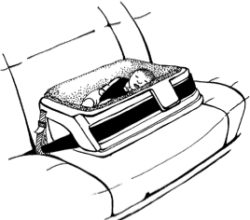 A line drawing of a preemie in a car bed.