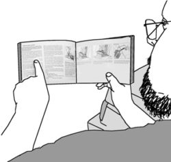 This is a line drawing of a man reading a vehicle owner's manual.