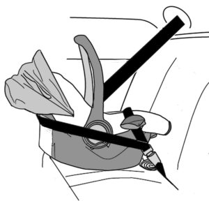This is a line drawing showing European seat belt routing with a rear facing only car seat; 2 of 2.